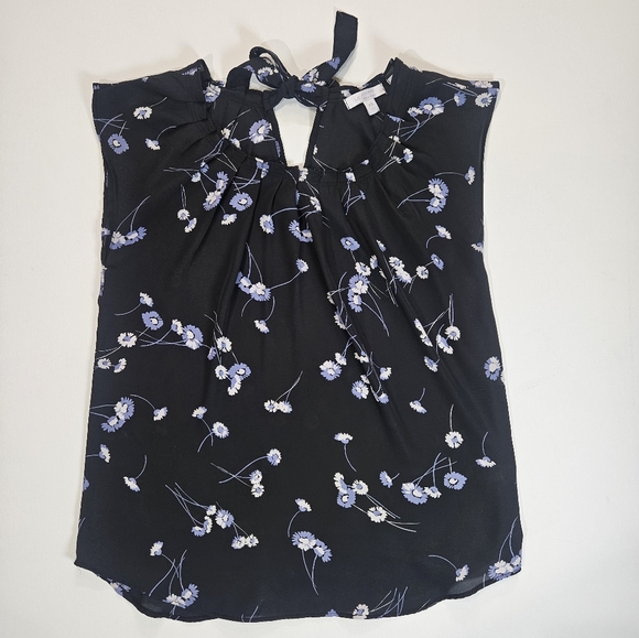 Lauren Conrad Womens Blouse XS Black Blue Ditsy Floral Eyelet Back Front Pleated - Picture 1 of 7